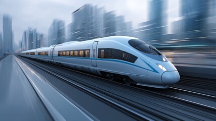 Fototapeta premium A sleek high-speed train gliding along a modern railway track, with blurred motion in the background, emphasizing speed and efficiency