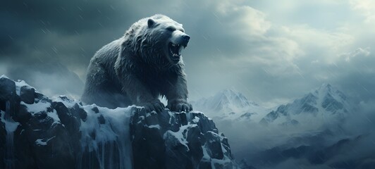 A haunted gothic snow bear perched on a wind-swept hill art, generative ai