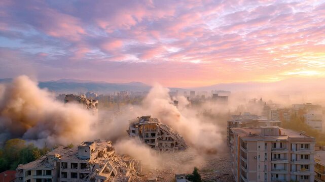 Aerial cinematic view of a devastated city after an earthquake at dawn, collapsed buildings, dust-filled skyline, and a sorrowful atmosphere of silence and destruction.
