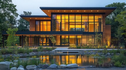 Eco-friendly building design featuring green architecture, sustainable materials, and energy-efficient solutions like passive solar heating, geothermal systems, and water-efficient fixtures.