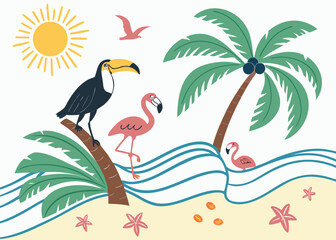 Exotic Beach Summer Collection: Hand-Drawn Toucan, Flamingo, Palm Tree, Sun, and Tropical Waves Illustration for Vacation and Nature Designs