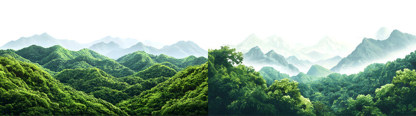 Fototapeta premium mountain range with lush green trees isolated on a transparent background