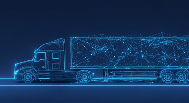 Digital Truck with Futuristic Blue Wireframe Design on Dark Background