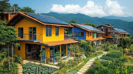 Eco villages powered by renewable energy with organic gardens shared resources and low-impact housing demonstrate cooperative sustainable living in harmony with nature