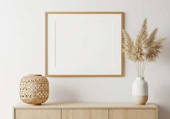 A minimalist interior featuring a blank framed artwork, a woven vase, and a white vase with pampas grass on a wooden surface.