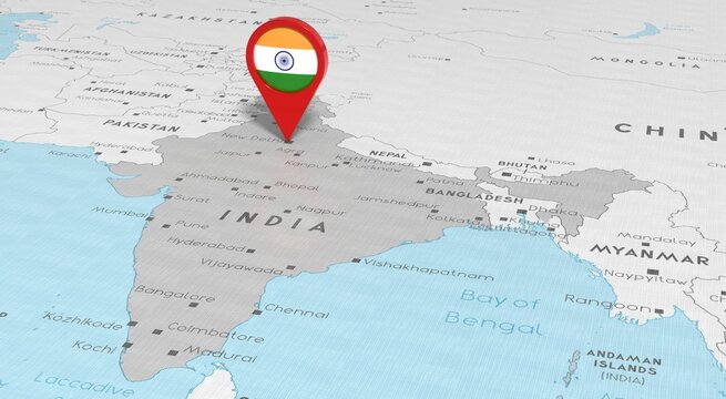 India, New Delhi - location pin with national flag on political map - 3D illustration