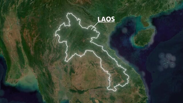 Zoom from Earth to Laos. Glow outline map animation satellite view with highlighted country borders. Cinematic documentary 3d world map animation highlights aerial views, tourism, and travel. 4k