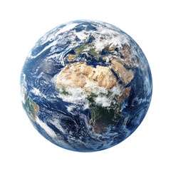 High-angle, full shot of Earth.  Detailed view of continents, oceans, clouds.  Planet's round shape is clearly visible