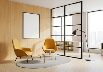 Modern living space featuring two yellow chairs, a round table, a floor lamp, and a large glass partition with a city view.