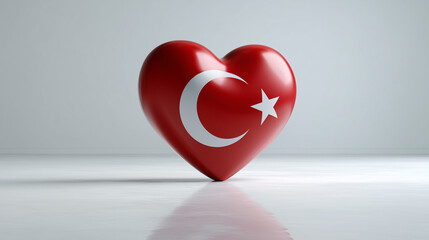 A 3D heart with Turkish flag colors, standing on a reflective floor, isolated on a pure white background.