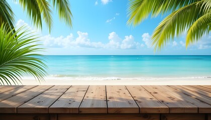  Empty Wooden Desk with Tropical Palm Leaf and Blue Summer Sea Background for Relaxing Beach Vibes