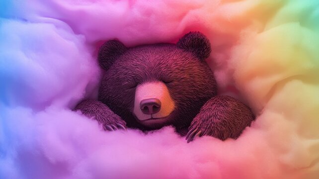 A fluffy bear sculpted from clouds and cotton candy, resting under a rainbow, glowing softly, dreamy, childlike wonder, watercolor. - Powered by Adobe