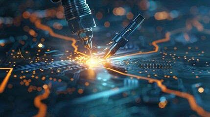Precision robotic arm soldering microchip on illuminated circuit board with sparks. Advanced technology, AI, and manufacturing concept.