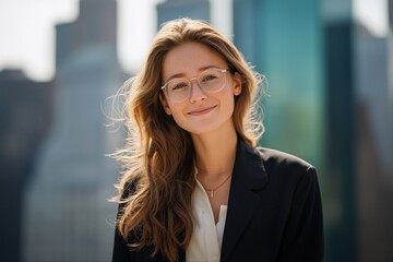 Young caucasian female professional smiling in urban setting