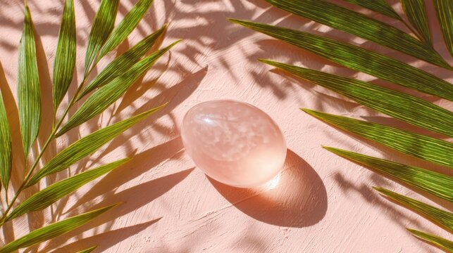 A smooth pink rose quartz crystal rests on a pink surface surrounded by green palm fronds casting shadows