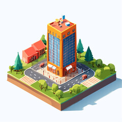Building illustrator showing a charming neighborhood with colorful isometric buildings. Perfect for real estate, urban development, and architectural projects.