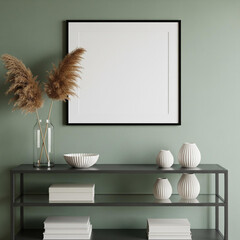 A minimalist decor scene featuring a black-framed blank canvas, neutral vases, and dried pampas grass on a sleek shelf against a soft green wall.