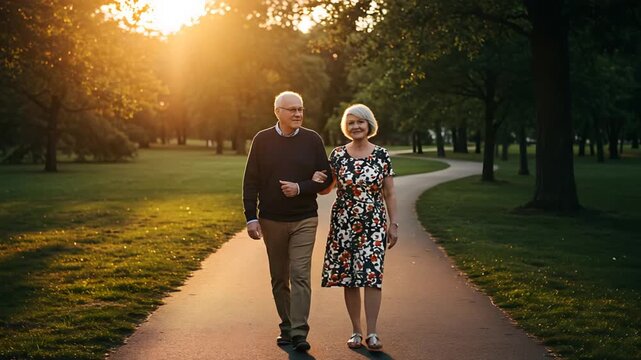 Elderly couple walking hand in hand through park during sunset with lush green trees and winding pathway capturing warm golden hour lighting