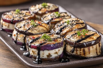 Delicious eggplant stacks with fresh mozzarella and balsamic glaze, artfully arranged on a plate with sprigs of parsley, a culinary delight, gourmet food.