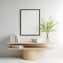 A minimalist interior featuring a wooden table with stacked books and a vase of greenery, beside a blank framed picture on the wall.