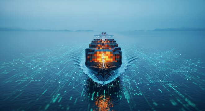 Cargo Ship with Digital Network Overlay in Open Ocean - Powered by Adobe