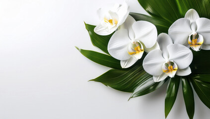 Obraz premium Elegant white orchid flowers with green tropical leaves on a white background, perfect for nature, beauty, or botanical themes.