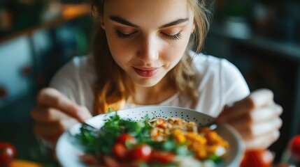 Eating habits concept, person with healthy plate, meal portioning, nutrition focus, lifestyle change, food choice moment, mindful dining, dietary planning