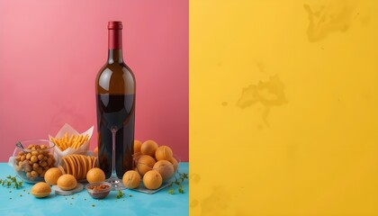  Delicious Wine and Snacks Arrangement on Colorful Background with Ample Space for Text