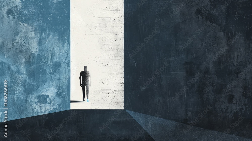 Poster the background alternates between muted blue on the left and dark gray on the right, creating a two-