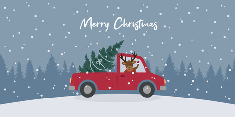 cute deer drives a car with christmas tree on winter landscape vector illustration