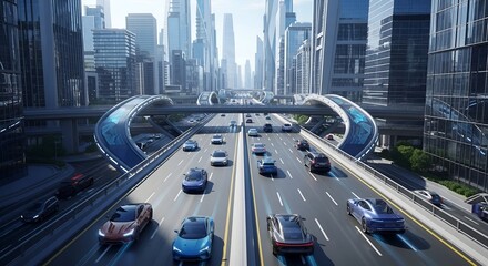 Futuristic city highway traffic with autonomous vehicles and modern architecture view
