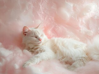 A cloud-cat with cotton candy fur, resting on a sugary mountaintop, its tail blending with the sky, soft neon colors, dreamlike, watercolor.
