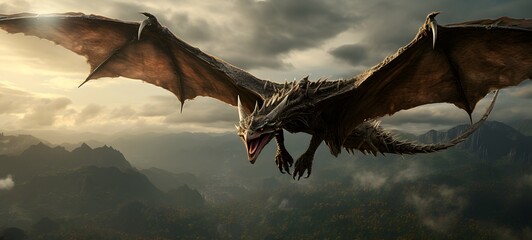 A haunted gothic Pterodactyl perched on a wind-swept hill, art, generative ai