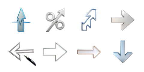 A collection of various directional and financial icons isolated on transparent background