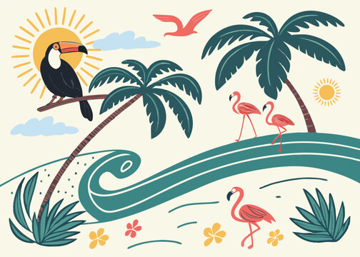 Exotic Beach Summer Collection: Hand-Drawn Toucan, Flamingo, Palm Tree, Sun, and Tropical Waves Illustration for Vacation and Nature Designs