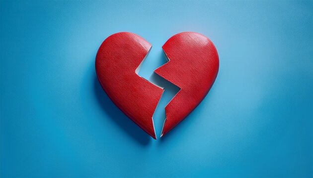 a red broken heart heartbreak sadness loss and emotional pain isolated on a solid blue background