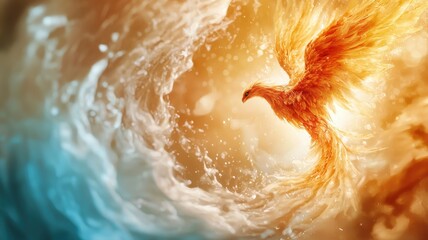Fototapeta premium A mythical phoenix with fiery feathers of glowing cotton candy, reborn in a swirl of pastel flames, surreal, fantasy illustration.