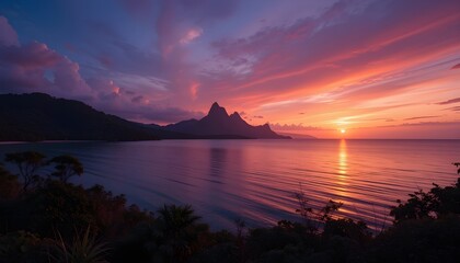 Stunning Purple Sky Over Sea at Sunset with Vibrant Clouds and Sunlight in Phuket, Thailand
