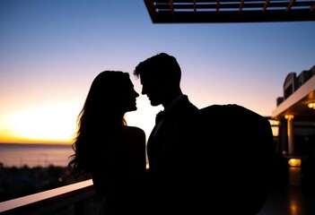 Sophisticated couple's silhouette at sunset on a hotel terrace, evening, glamour