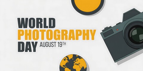 World photography day celebration with camera and globe graphics