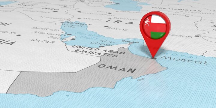 Oman, Muscat - location pin with national flag on political map - 3D illustration