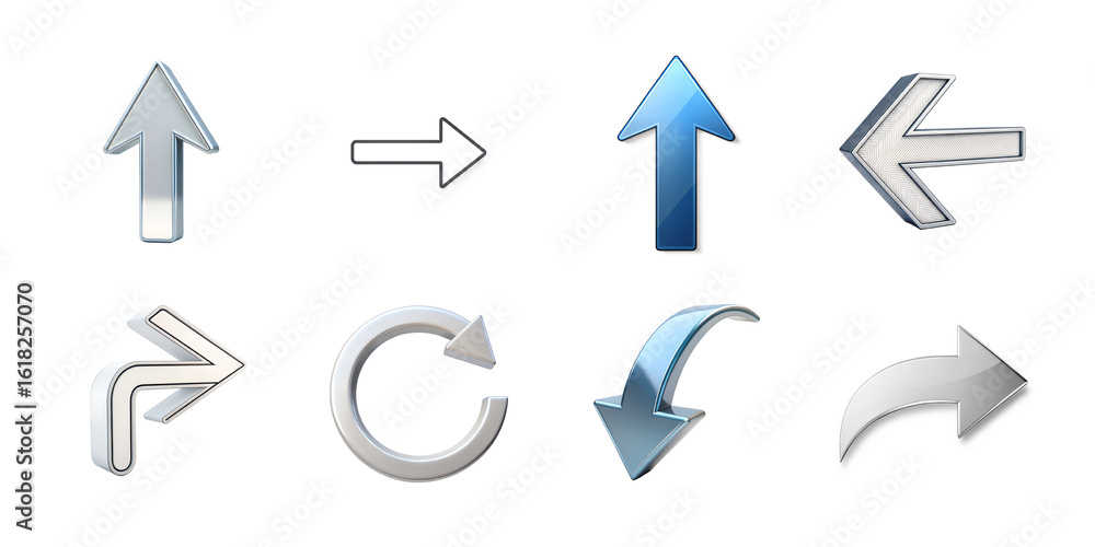 Poster assortment of metallic and digital arrow cursors and pointers isolated on transparent background