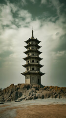 Lonely Pagoda Tower Against Dramatic Cloudy Sky