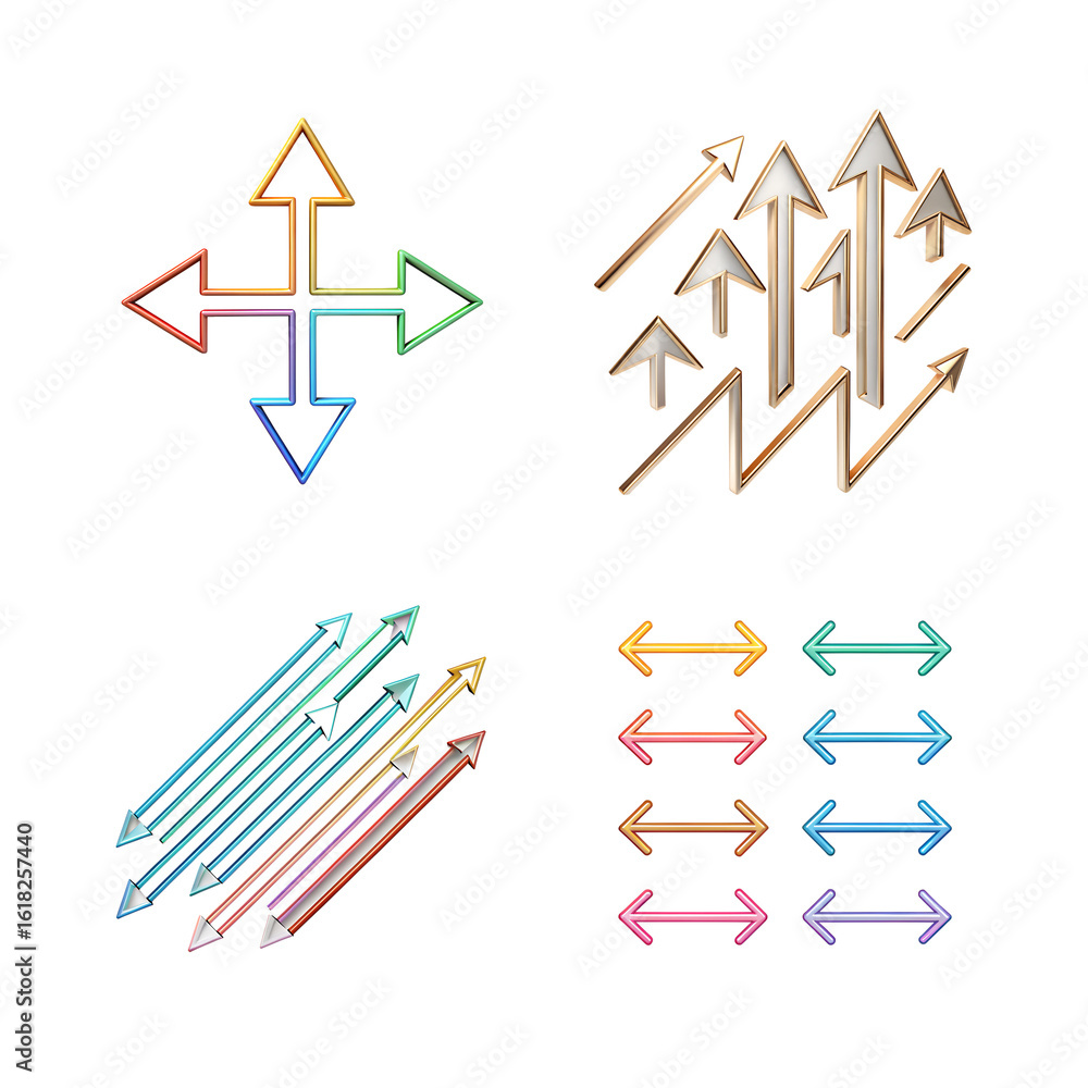 Poster collection of various 3d arrows including a fourway directional cross and parallel sets, isolated on