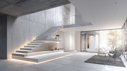 Obraz premium A staircase with floating steps and a glass railing, leading to a minimalist upper floor with soft white lighting and sleek design