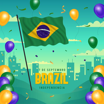 Brazil Independence Day September 07th with waving flag balloons and confetti on city view background