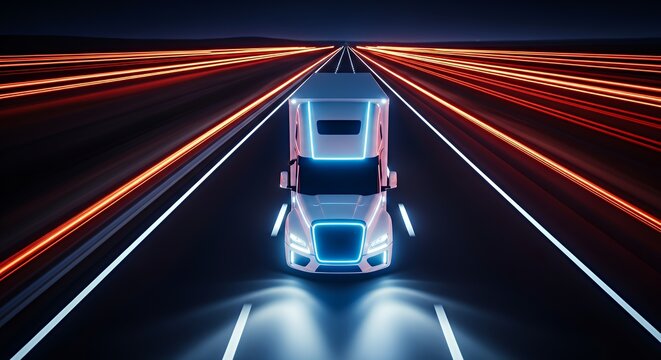 Futuristic Truck Driving on Neon Lighted Highway at Night with Bright Dynamic Lines