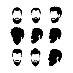 Beard silhouette. Different types of black mens face hair with or without moustache and whisker. Portrait facial elements graphic for haircut and barbershop. Vector isolated hairstyles ... See More

