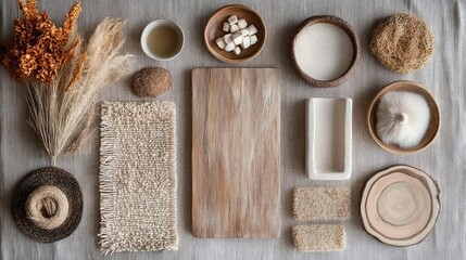Earthy tones in natural textures, warm neutral palette, organic materials, soft shadows, and rustic elements perfect for lifestyle, branding, or eco-conscious creative direction.
