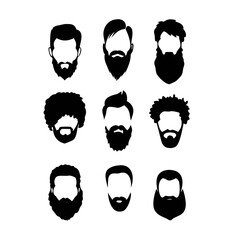 Beard silhouette. Different types of black mens face hair with or without moustache and whisker. Portrait facial elements graphic for haircut and barbershop. Vector isolated hairstyles ... See More
